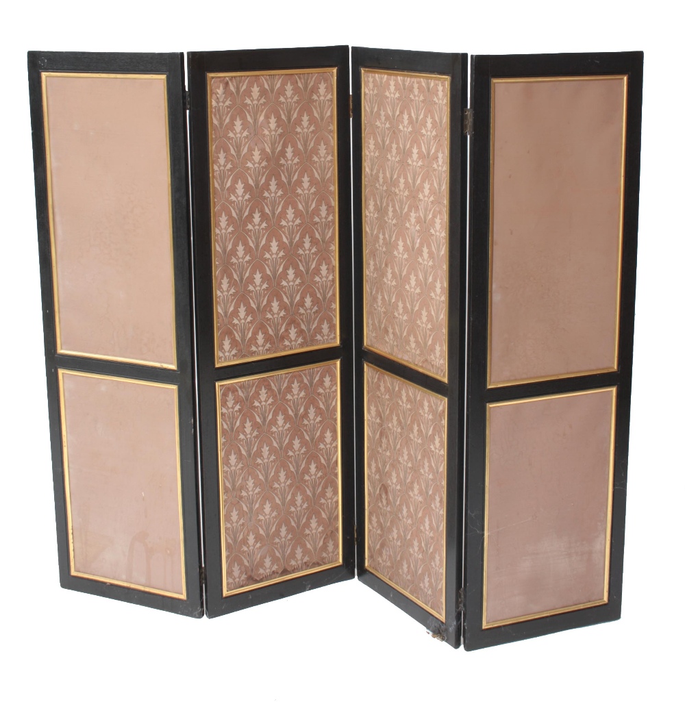 Aesthetic Movement ebonised beech four-fold screen in the manner of Owen Jones, each inset with