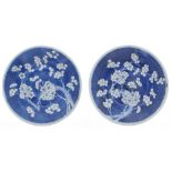 Pair of Chinese blue and white prunus blossom porcelain chargers, 12" diameter