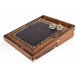 Victorian walnut brass bound writing slope, the fitted interior inset with two square glass ink