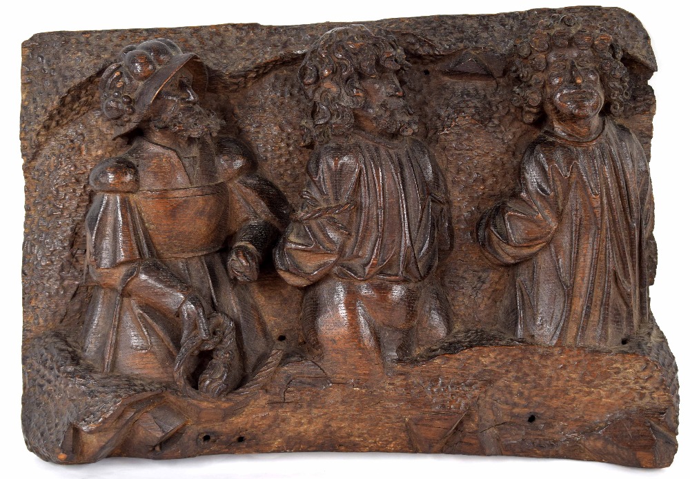 17th/18th century carved oak figural panel, depicting three gentlemen, a guard with two prisoners,