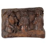 17th/18th century carved oak figural panel, depicting three gentlemen, a guard with two prisoners,