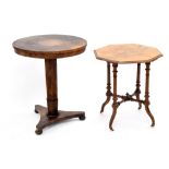 Victorian circular mahogany side table, on hexagonal tapering column support and triform base, 24"