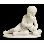 Good carved white marble figural group of a cherub with a dog, 17" wide, 14" high