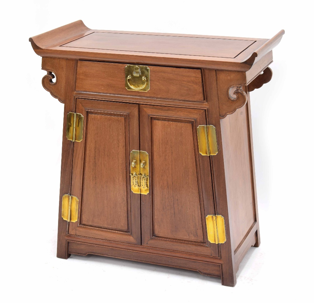 Chinese hardwood side cabinet, the rectangular top with raised scrolling ends over a single drawer