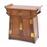 Chinese hardwood side cabinet, the rectangular top with raised scrolling ends over a single drawer