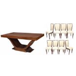 Good Art Deco rosewood rectangular extending dining table and eight chairs, with two further leaves,