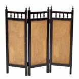 Aesthetic Movement small ebonised three panel folding screen, each panel with turned gallery rail