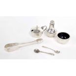 Joseph Gloster Ltd silver cruet set with caster, patent no. 325841, Birmingham 1930, bakelite lined,