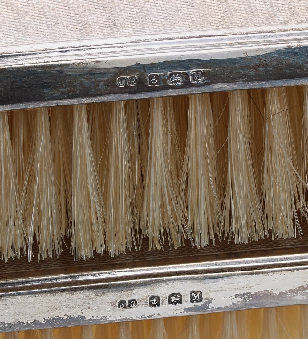 Art Deco cased pair of silver engine turned brushes, maker John Rose, Birmingham 1936, monogrammed - Image 3 of 3