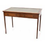 Edwardian mahogany inlaid writing desk, the green gilt tooled leather top over two short drawers