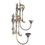 Good decorative pair of Aesthetic gilt metal wall lights in the manner of Benson, with scrolled