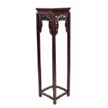 Chinese 19th century hardwood square jardiniere stand, the 14" square top over a pierced carved