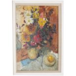 English School (20th/21st century) - Still life of flowers in a brown vase with an orange on a