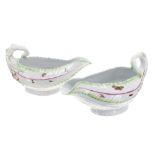 Pair of Worcester lettuce leaf porcelain sauce boats, decorated with moulded leaf texture and