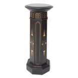 Aesthetic Movement ebonised and gilded pedestal torchere, the circular top with a Greek key band
