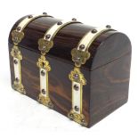 Victorian coromandel dome top tea caddy, with brass and ivory strap work decoration, the hinged