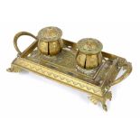 Aesthetic pierced brass double inkstand, 13" wide, 7.5" deep