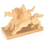 Carved wooden horse sculpture, modelled as two stylised side-by-side horses, upon a rectangular