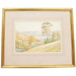 Samuel John Lamorna Birch RA, RWS (1869-1955) - Sunlit estuary scene with cottages beside trees,