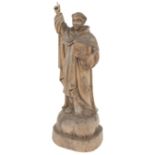 19th century carved lime wood figure, of a monk holding a bible and giving a blessing, 28" high