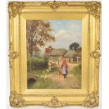 Henry John Yeend King (1855-1924) - Village scene with a young girl and a dog beside a stream,