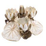 Royal Worcester porcelain trefoil centrepiece posy vase, modelled as lotus flowers with gilt