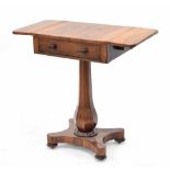 Victorian rosewood Pembroke work table, the strongly figured top over a single frieze drawer