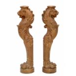 Decorative pair of heavy painted cast metal structural supports/ console legs, modelled as lions