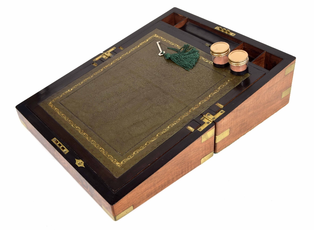 Victorian burr walnut brass bound writing slope, with a green leather lined fitted interior, 16"