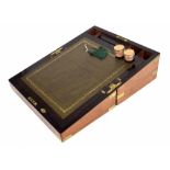 Victorian burr walnut brass bound writing slope, with a green leather lined fitted interior, 16"