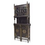 Aesthetic Movement ebonised and gilded tall display cabinet, the upper section surmounted by