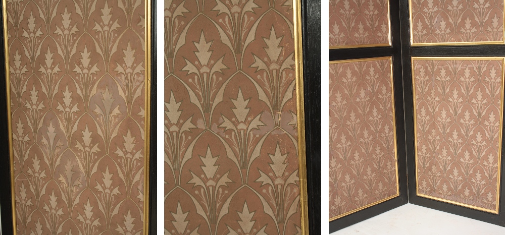 Aesthetic Movement ebonised beech four-fold screen in the manner of Owen Jones, each inset with - Image 3 of 3