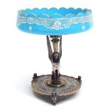 Elkington & Co Egyptian revival silver plated and gilded tazza, with a blue opaque frilled rim glass