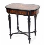 Victorian ebonised inlaid lady's dressing table, the top inlaid in various coloured woods with a