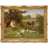 Claude Cardon (fl. 1892-1920) - 'Farm Friends', summer river landscape with three calves and ducks