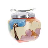 Clarice Cliff 'Autumn' preserve pot with an electroplated cover, 3" high