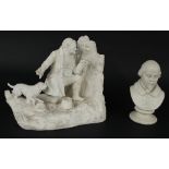 Parian figural group of a gentleman kneeling by rocks, a dog by his side, 13" wide, 10" high (at