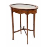 Sheraton revival satinwood oval vitrine table, the hinged glazed top over a floral painted ribbon