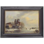 Circle of Jacobus Freudenberg (1818-1873) - Winter scene, with skaters on a river by buildings in