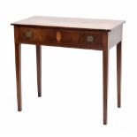 Edwardian mahogany inlaid side table, the inlaid banded plain top over single drawer with inlaid