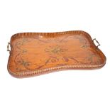 19th century satinwood twin brass handle butler tray, central painted decoration of musical
