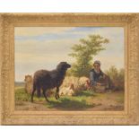 Edmond Jean-Baptiste Tschaggeny (1818-1873) - Shepherdess with sheep and lambs in a sunlit