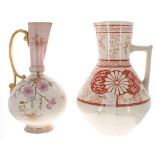 Old Hall Pottery ewer in the manner of Christopher Dresser, florally decorated on a blush ground