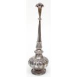 Eastern white metal rose water sprinkler, with lobed two part body, the lower spout with leaf