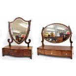 Regency mahogany and boxwood inlay serpentine toilet mirror, the swing shield shape glass over
