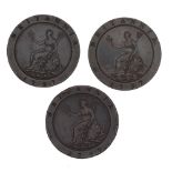 Three 1797 'Cartwheel' 2d copper coins