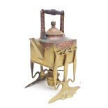 Arts & Crafts planished brass and copper square spirit kettle on stand in the manner of Benham &