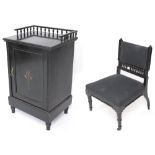 Aesthetic ebonised bedside cabinet with a gallery top over a single panelled door inside with a