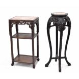 Chinese rectangular three tier carved side table, with inset red marble top over a pierced carved