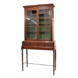 Stained pine glazed bookcase on stand, 43" wide, 15" deep, 85" high